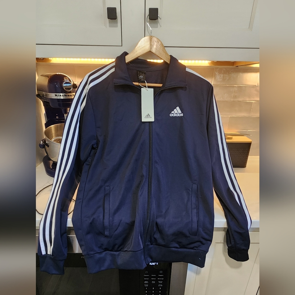 Adidas Men's Dark Blue Track Jacket with White Stripes